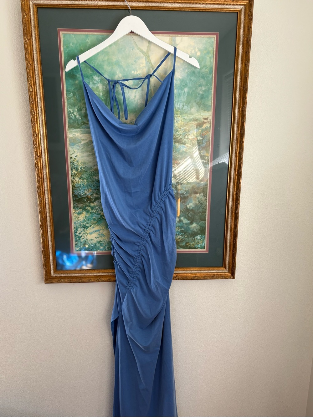 Blue Ruched Cowl Neck  Dress